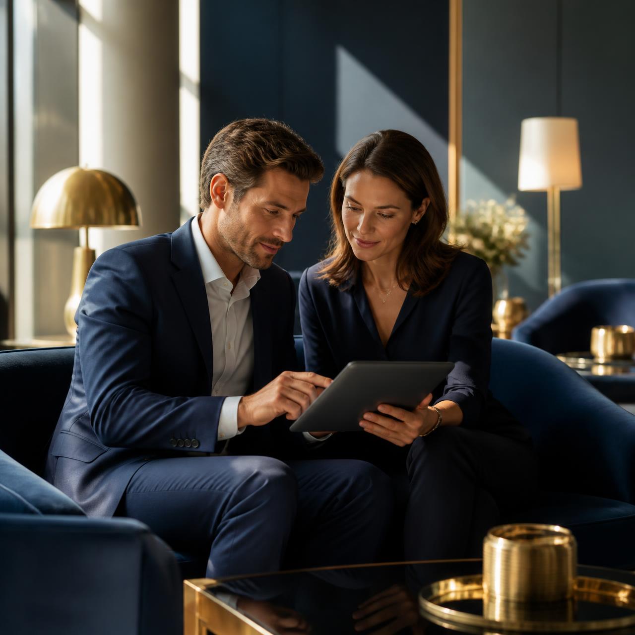 Private banking advisers reviewing account performance with a client on a tablet